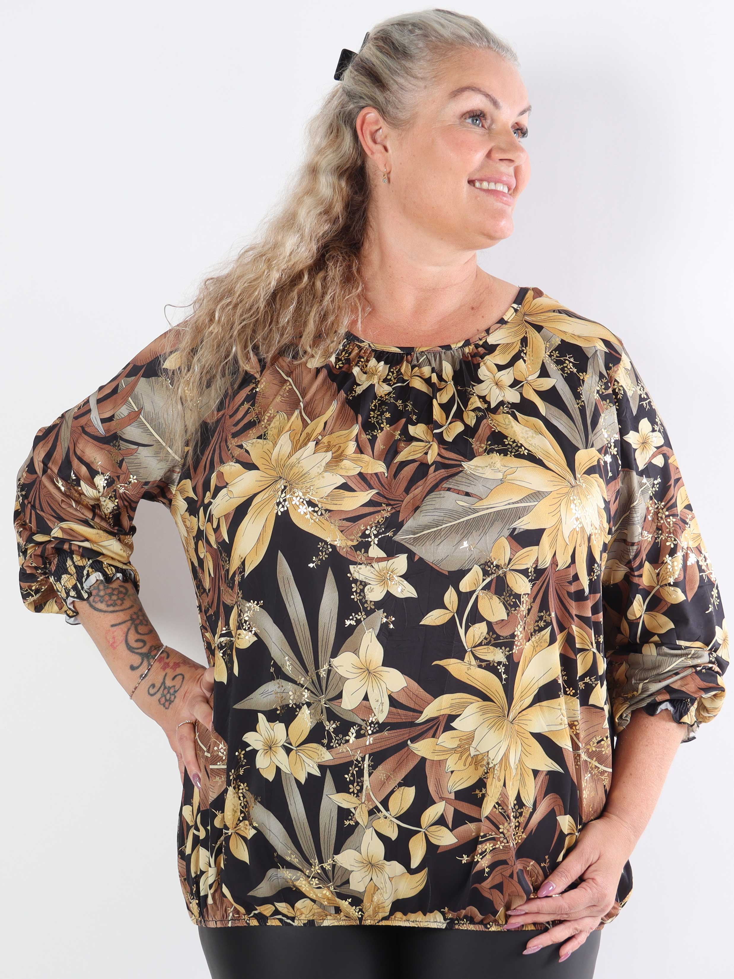 Miracle Gold Flower L/S - Blomstret elastisk plus size bluse